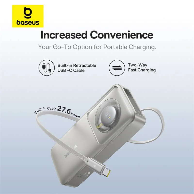 Baseus Free2Pull 10000mAh Power Bank with Built-in Retractable Type-C Cable for Laptop - 30W Fast Charging, Digital Display - Grey