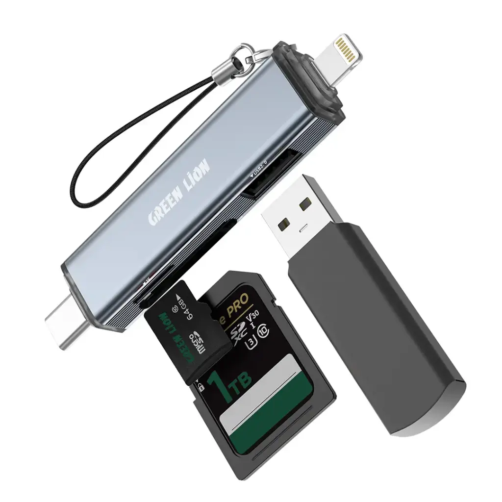 Green Lion 3 in1 Card Reader - USB-C & Lightning Connectivity- Gray