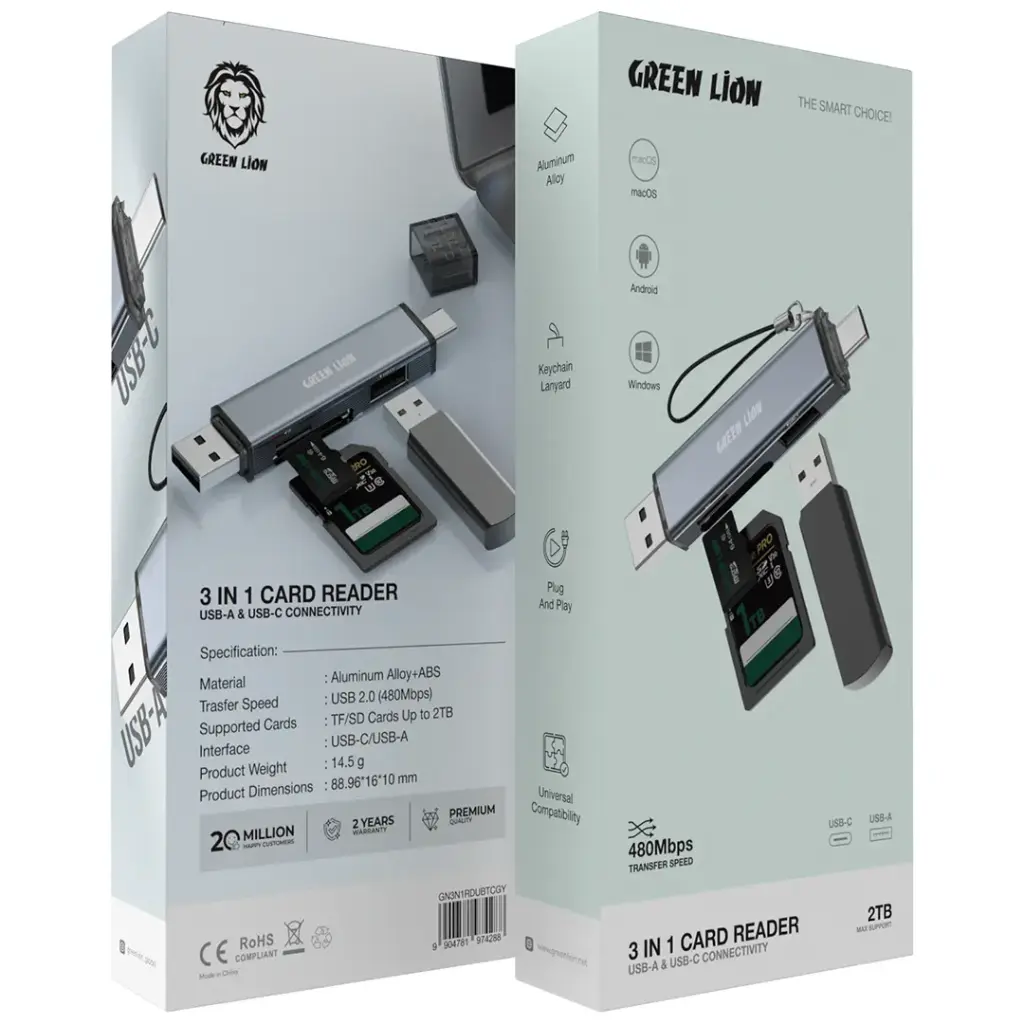 Green Lion 3 in1 Card Reader - USB-A & USB-C Connectivity- Gray