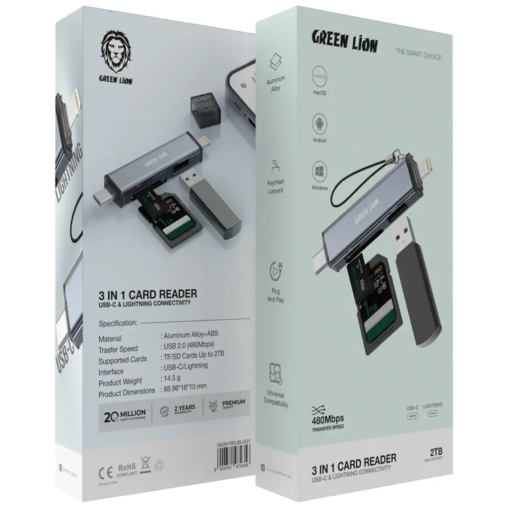 Green Lion 3 in1 Card Reader - USB-C & Lightning Connectivity- Gray