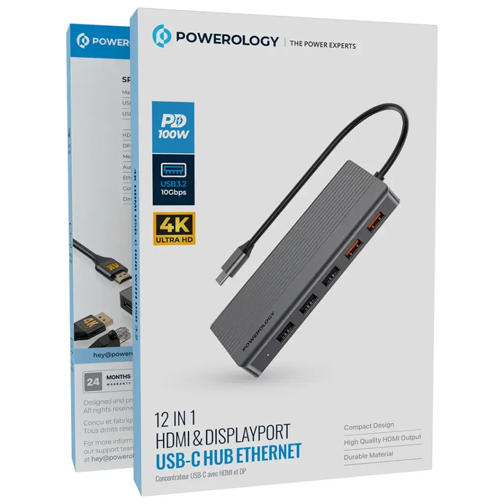 Powerology PD 100W 12-in-1 USB-C Hub with 3.2 10GBPS -Gray