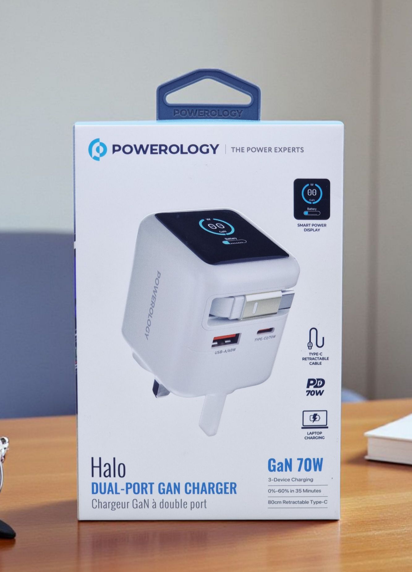 Powerology 70W Charger With Retractable Cable OUTPUT : 70W (MAX) -White + Laser Print