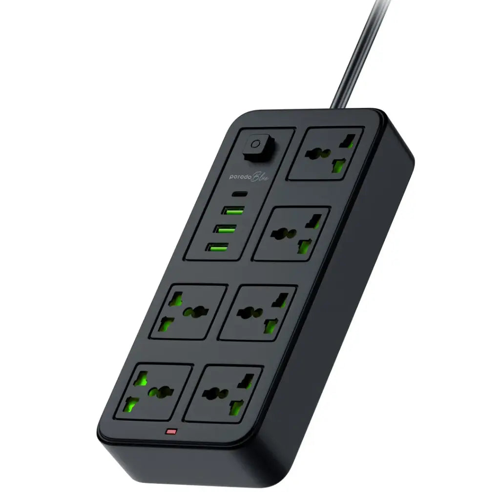 Porodo Blue 6 AC Power Socket With Type-C, 3USB-A (3m wire) UK - Black
