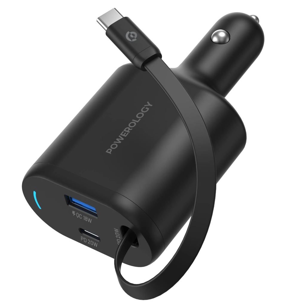 Powerology 70W Charger With Retractable Cable OUTPUT : 70W (MAX)- Grey + Laser Print