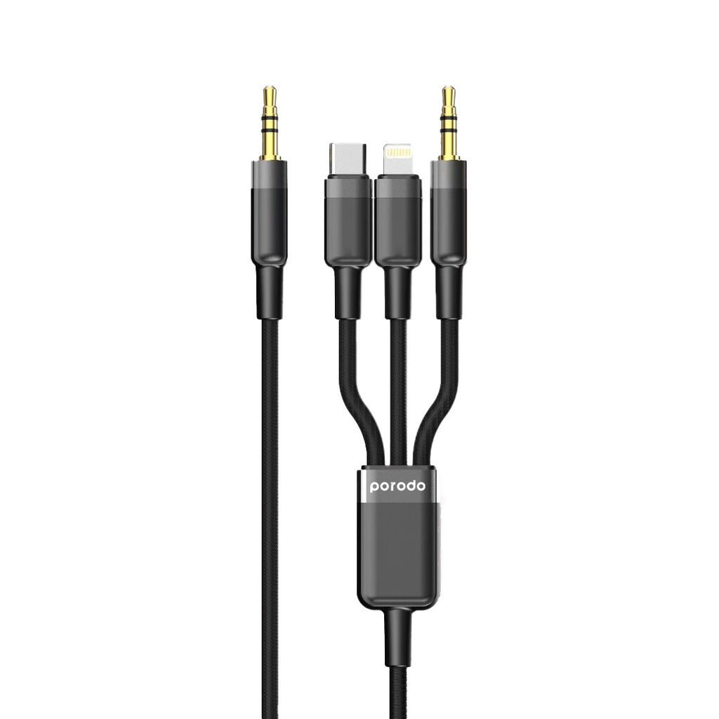 Porodo 3in1 AUX 3.5 TO 3.5+ C+Lightning Cable 1.2M-Black
