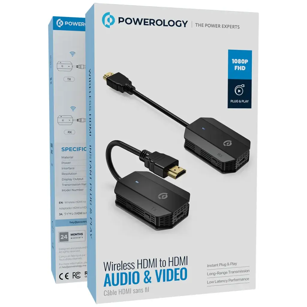 Powerology Wireless HDMI Mirroring Adaptor Pair with USB-C Cable Full HD 1080P - Black