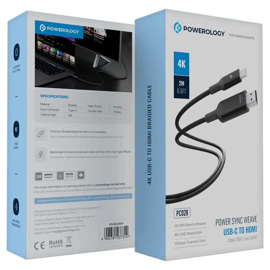 Powerology USB-C to HDMI V3.1 Aluminium Shell Nylon Braided Cable 2 Meter - Dark Grey