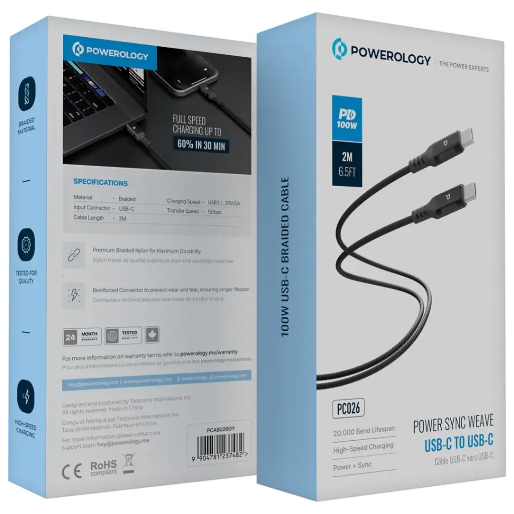 Powerology 100W USB-C to USB-C V3.1 5G Metal Plug Nylon Braided Cable 2 Meter - Dark Gre y