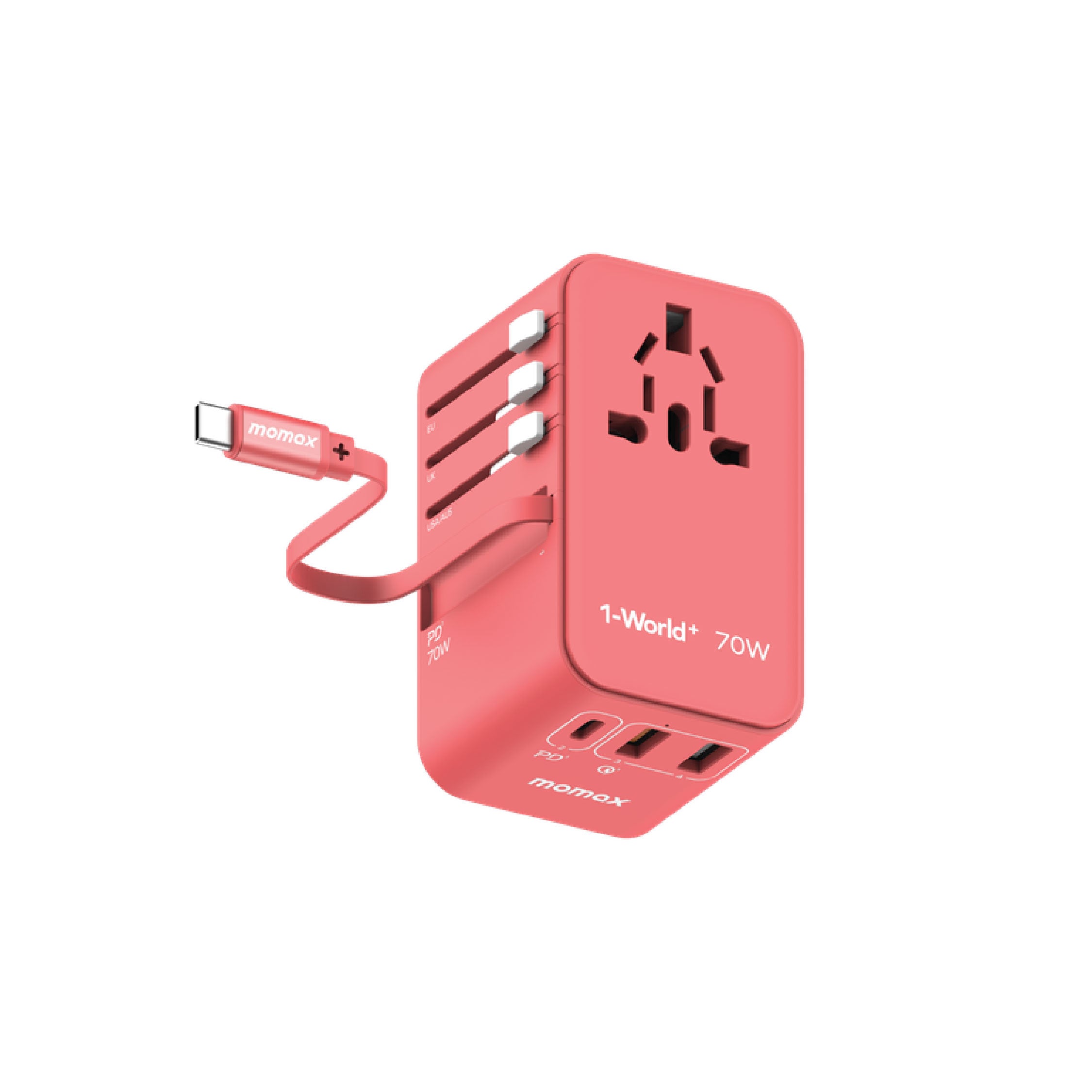 Momax 1-World 70W GAN 3 Port with Built-in-USB-C AC Travel Adapter - Pink