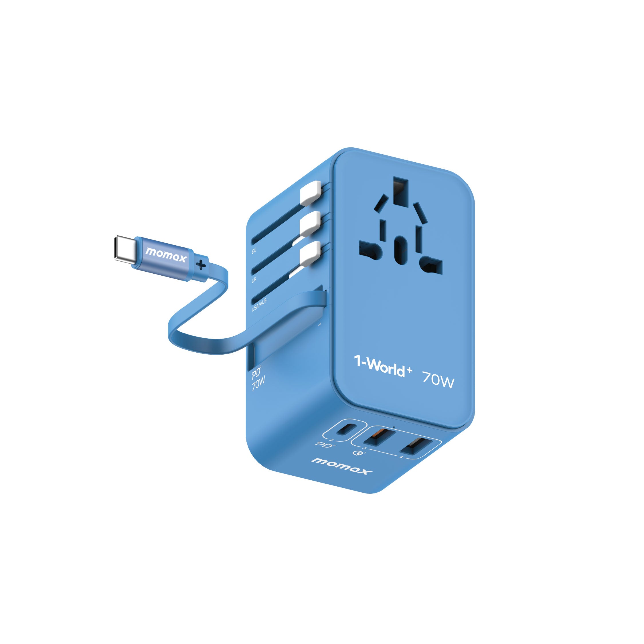 Momax 1-World 70W GAN 3 Port with Built-in-USB-C AC Travel Adapter - Blue