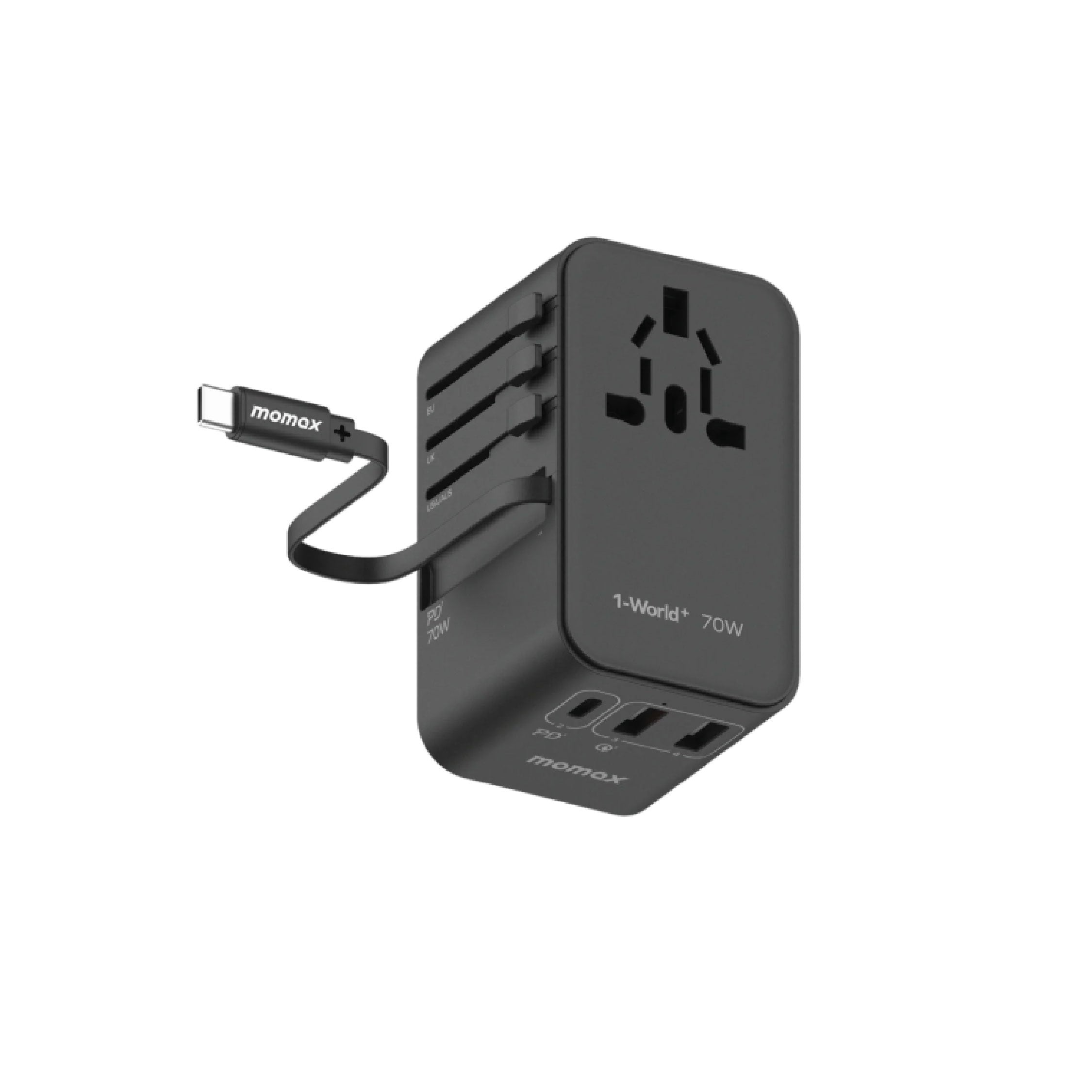 Momax 1-World 70W GAN 3 Port with Built-in-USB-C AC Travel Adapter - Black